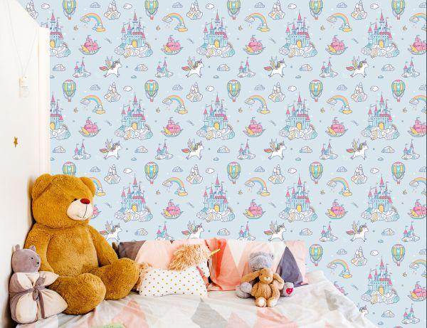 Behang Voor Kinderen Eenhoorns Uit Een Sprookjeskasteel Regenboog - Afbeelding 6