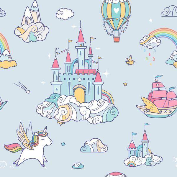 Behang Voor Kinderen Eenhoorns Uit Een Sprookjeskasteel Regenboog - Afbeelding 2