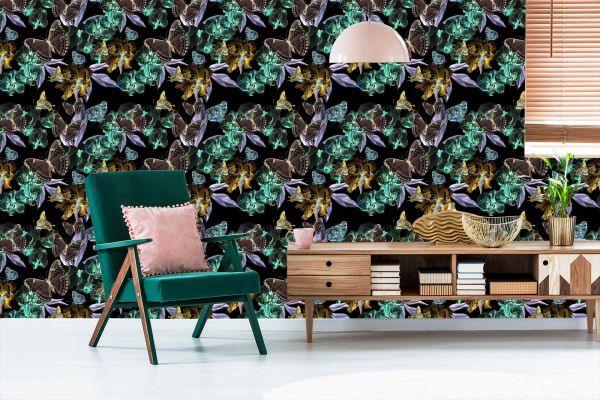 Behang Voor Eetkamer, Vlinders, Bloemen, Bladeren - Afbeelding 6