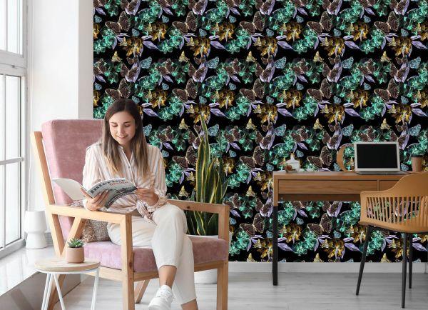 Behang Voor Eetkamer, Vlinders, Bloemen, Bladeren - Afbeelding 7