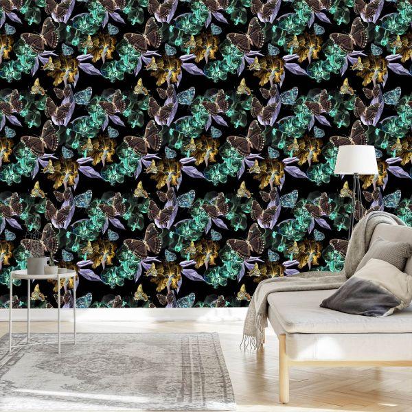 Behang Voor Eetkamer, Vlinders, Bloemen, Bladeren - Afbeelding 3