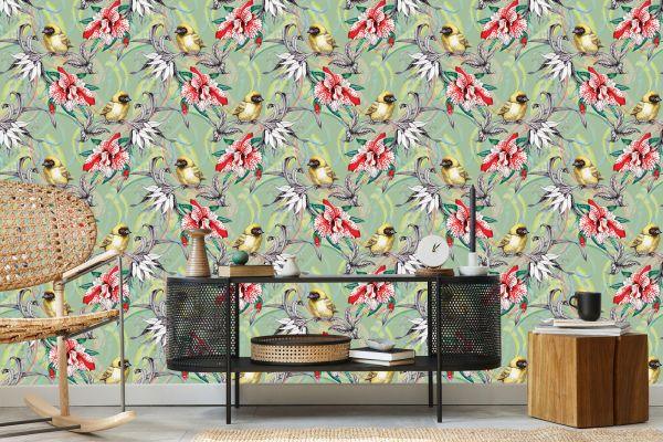 Behang Kleurrijke Vogels Tussen Bloemen - Afbeelding 5