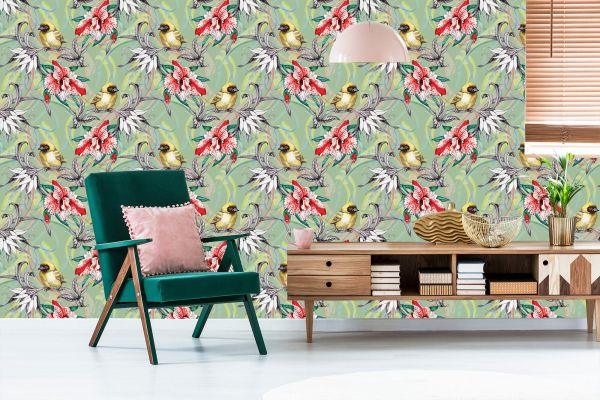 Behang Kleurrijke Vogels Tussen Bloemen - Afbeelding 6
