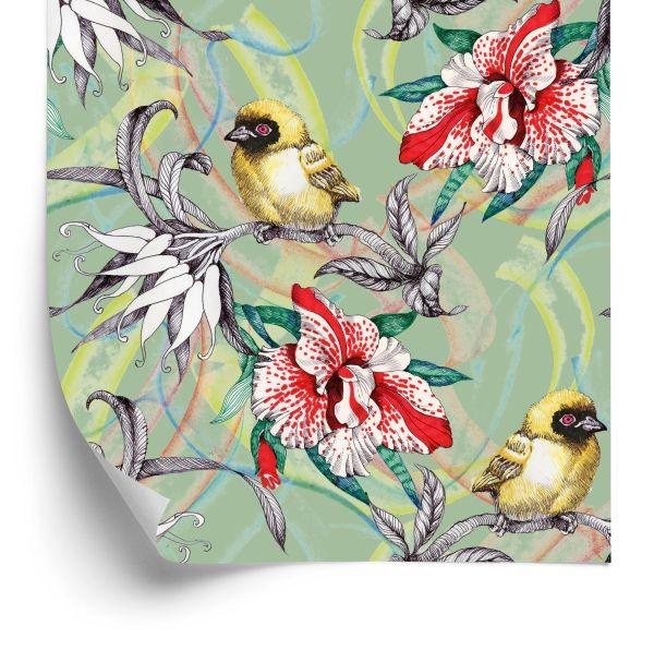 Behang Kleurrijke Vogels Tussen Bloemen