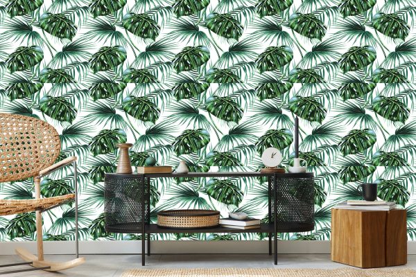 Behang Bladeren Van De Palm En Monstera - Afbeelding 5