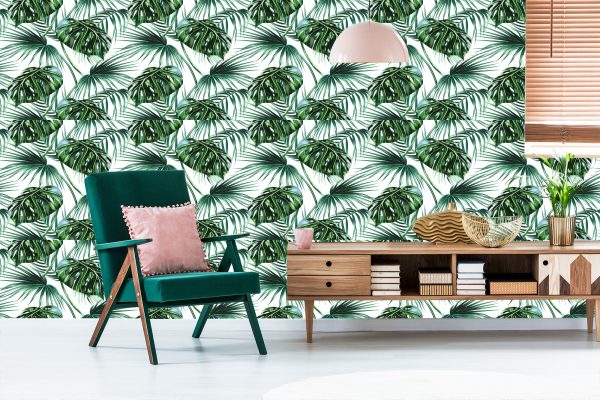Behang Bladeren Van De Palm En Monstera - Afbeelding 6