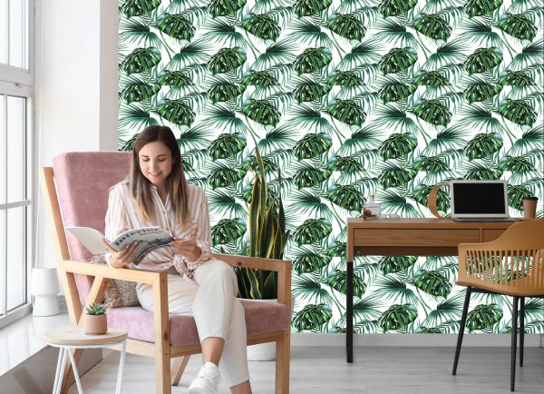 Behang Bladeren Van De Palm En Monstera - Afbeelding 7