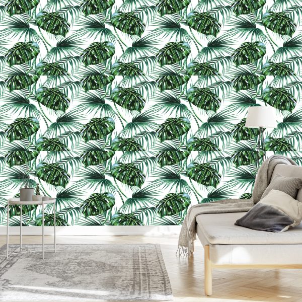 Behang Bladeren Van De Palm En Monstera - Afbeelding 3