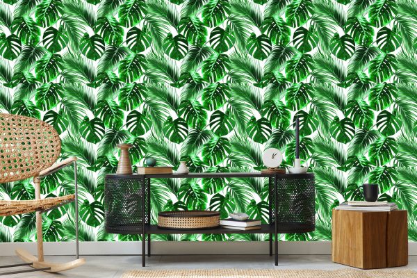 Behang Bladeren Van De Palm En Monstera - Afbeelding 5