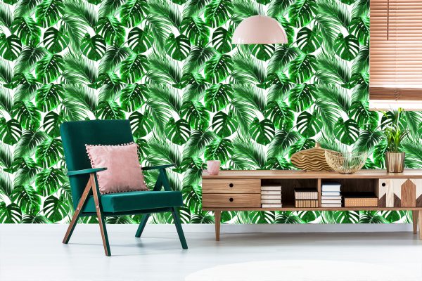 Behang Bladeren Van De Palm En Monstera - Afbeelding 6