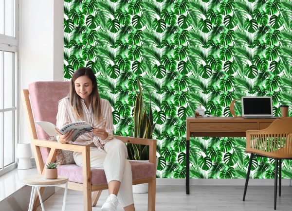 Behang Bladeren Van De Palm En Monstera - Afbeelding 7