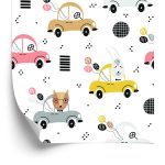 Behang Voor Kinderen - Kleurrijke Auto's En Vrolijke Bosdieren