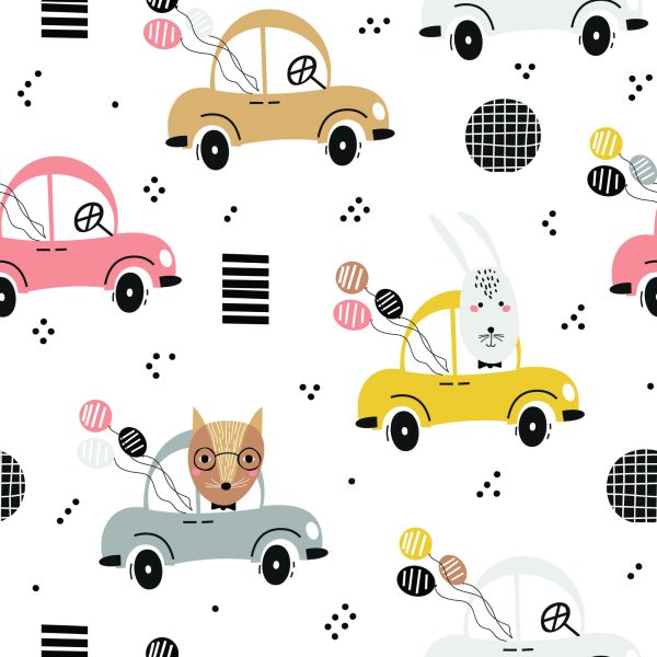 Behang Voor Kinderen - Kleurrijke Auto's En Vrolijke Bosdieren - Afbeelding 2