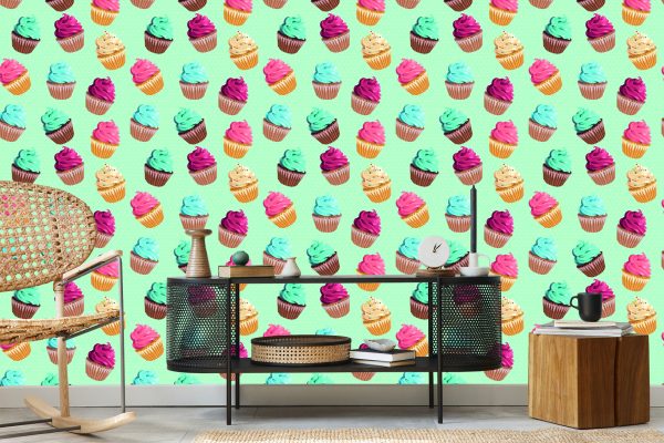 Behang Retro - Kleurrijke Muffins Op Een Mintgroene Achtergrond - Afbeelding 5