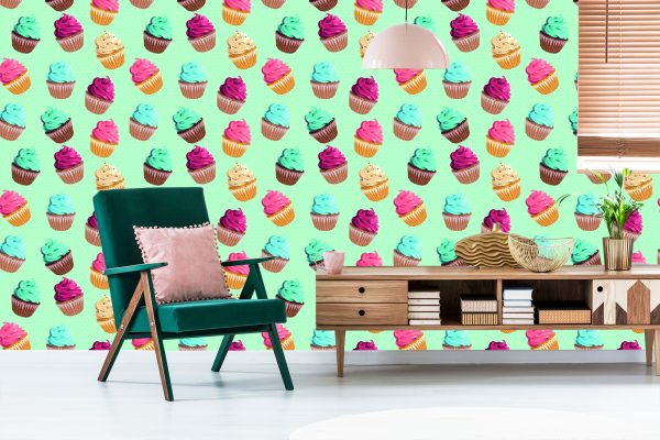 Behang Retro - Kleurrijke Muffins Op Een Mintgroene Achtergrond - Afbeelding 6