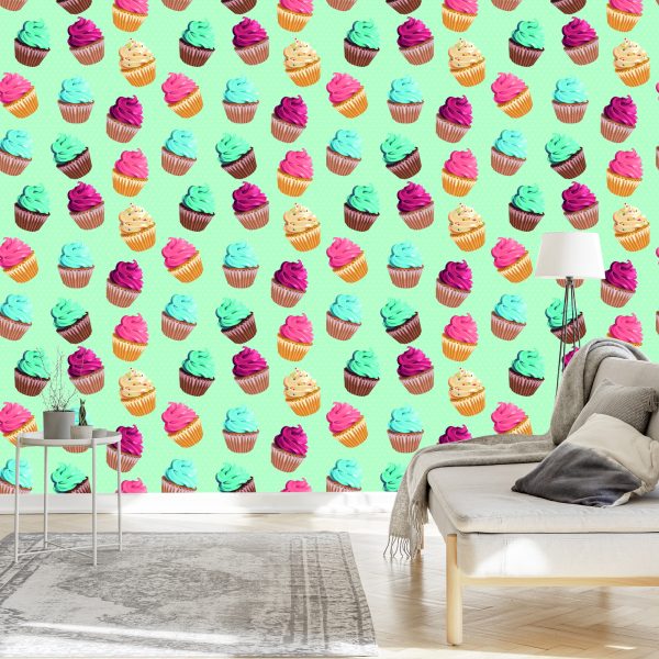 Behang Retro - Kleurrijke Muffins Op Een Mintgroene Achtergrond - Afbeelding 3
