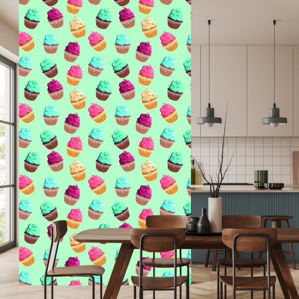 Behang Retro - Kleurrijke Muffins Op Een Mintgroene Achtergrond - Afbeelding 4