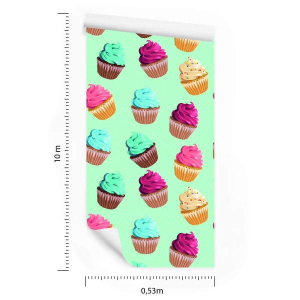 Behang Retro - Kleurrijke Muffins Op Een Mintgroene Achtergrond - Afbeelding 8