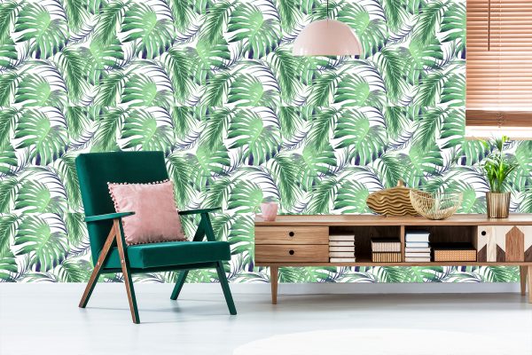Behang Bladeren Van De Palm En Monstera - Afbeelding 6