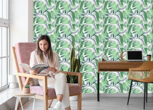 Behang Bladeren Van De Palm En Monstera - Afbeelding 7