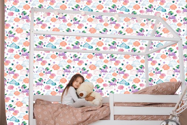 Behang Voor Kinderen - Kleurrijke Eenhoorns In Scandinavische Stijl - Afbeelding 7