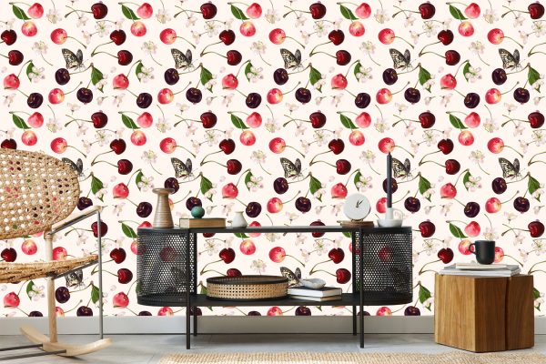 Behang Voor Keuken, Fruit, Kersen, Bloemen, Vlinders - Afbeelding 5
