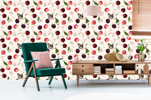 Behang Voor Keuken, Fruit, Kersen, Bloemen, Vlinders - Afbeelding 6