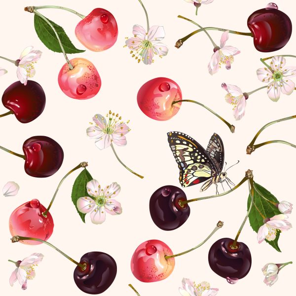 Behang Voor Keuken, Fruit, Kersen, Bloemen, Vlinders - Afbeelding 2