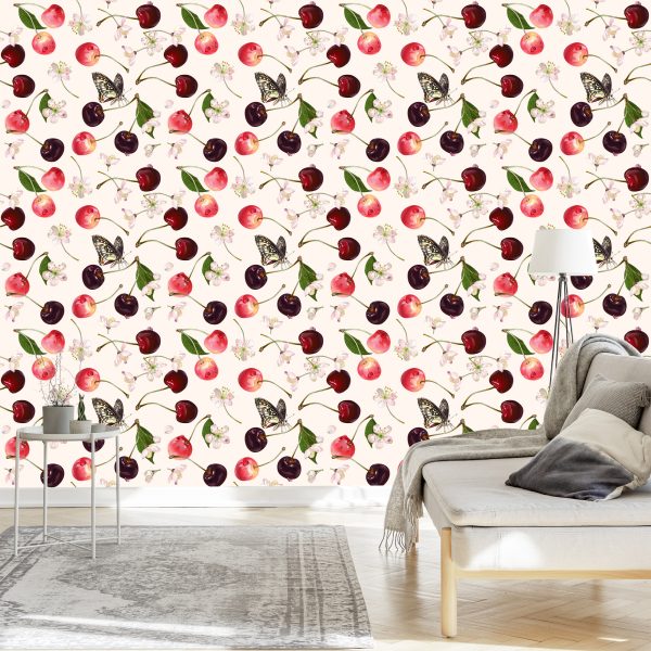 Behang Voor Keuken, Fruit, Kersen, Bloemen, Vlinders - Afbeelding 3