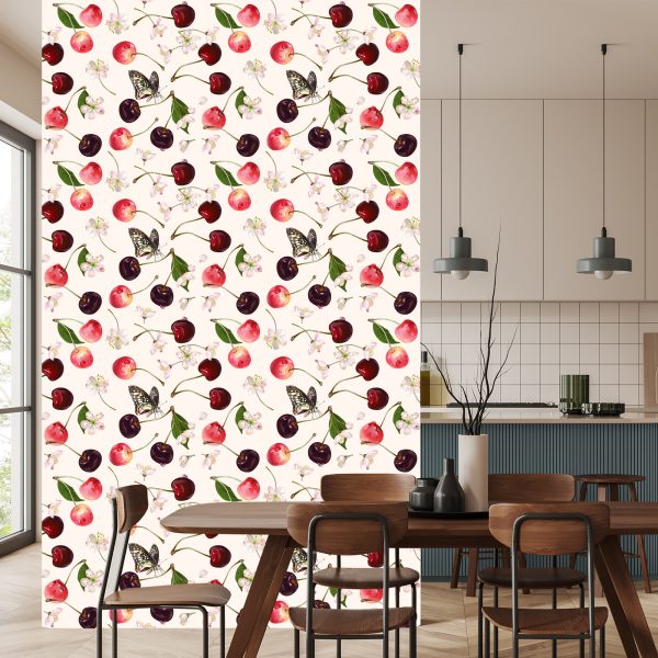 Behang Voor Keuken, Fruit, Kersen, Bloemen, Vlinders - Afbeelding 4