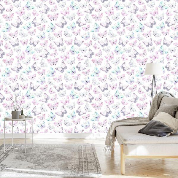 Behang Decoratieve Pastelkleurige Vlinders Voor De Babykamer - Afbeelding 3