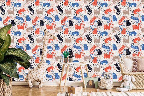 Behang Voor Kinderen - Kleurrijke Katten - Scandinavische Stijl - Afbeelding 5