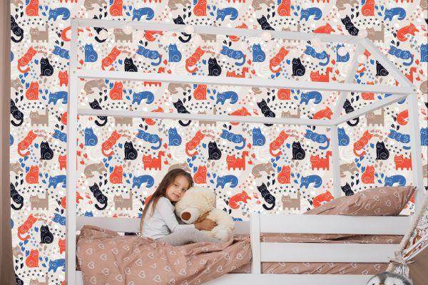 Behang Voor Kinderen - Kleurrijke Katten - Scandinavische Stijl - Afbeelding 7