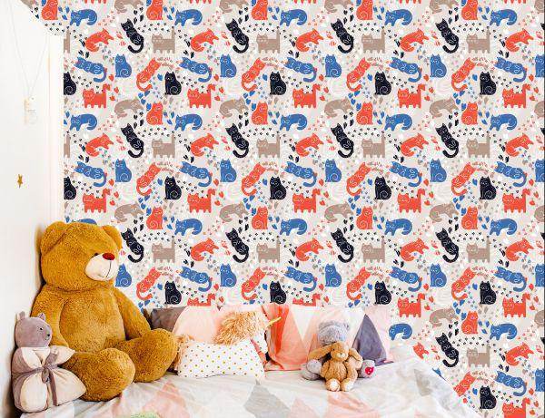 Behang Voor Kinderen - Kleurrijke Katten - Scandinavische Stijl - Afbeelding 6