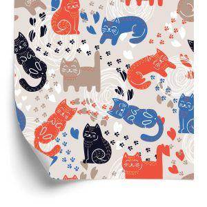 Behang Voor Kinderen - Kleurrijke Katten - Scandinavische Stijl