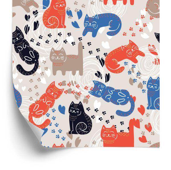 Behang Voor Kinderen - Kleurrijke Katten - Scandinavische Stijl