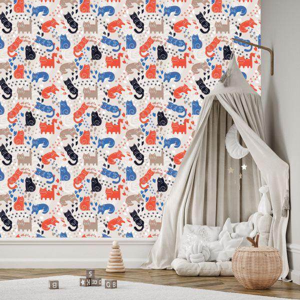 Behang Voor Kinderen - Kleurrijke Katten - Scandinavische Stijl - Afbeelding 3