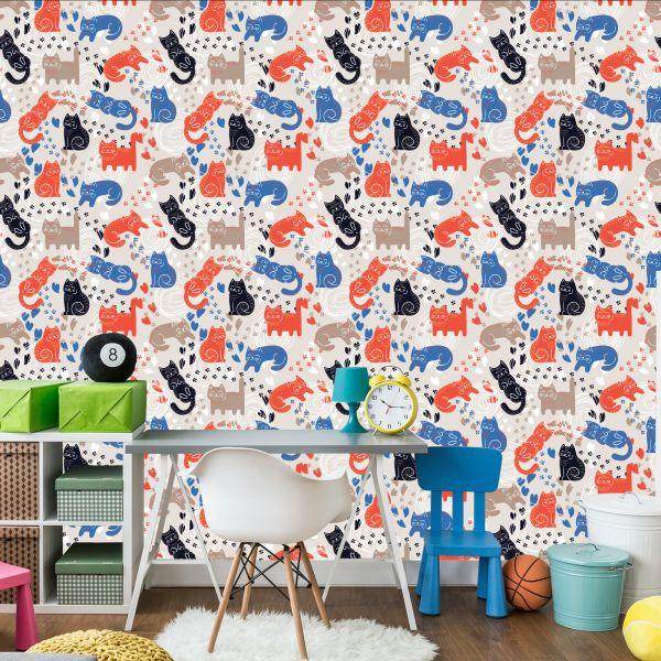 Behang Voor Kinderen - Kleurrijke Katten - Scandinavische Stijl - Afbeelding 4