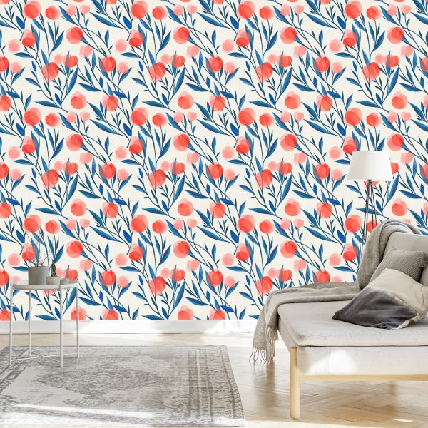 Behang Kleurrijke Retro Bloemen En Bladeren - Afbeelding 3
