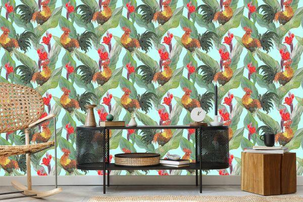 Behang Bladeren, Bloemen En Hanen - Afbeelding 5