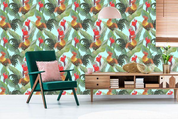 Behang Bladeren, Bloemen En Hanen - Afbeelding 6