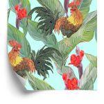Behang Bladeren, Bloemen En Hanen