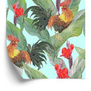 Behang Bladeren, Bloemen En Hanen