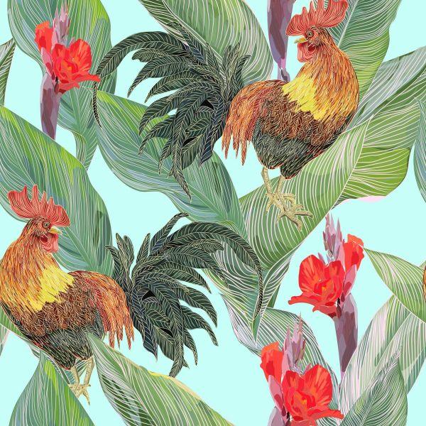 Behang Bladeren, Bloemen En Hanen - Afbeelding 2