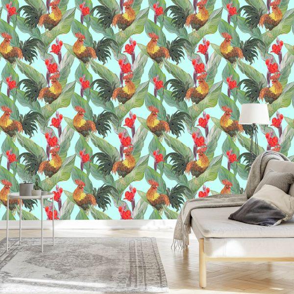 Behang Bladeren, Bloemen En Hanen - Afbeelding 3