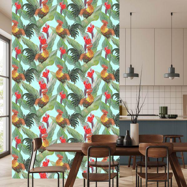 Behang Bladeren, Bloemen En Hanen - Afbeelding 4