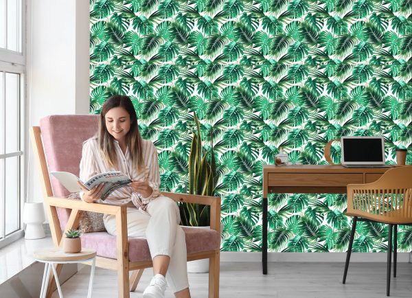 Behang Bladeren Van De Palm En Monstera - Afbeelding 7