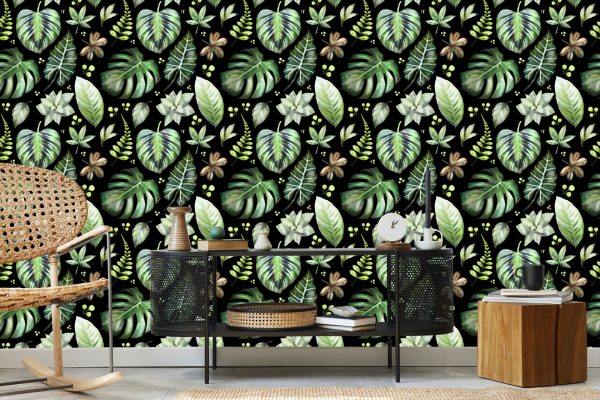 Behang Planten Op Een Donkere Achtergrond - Afbeelding 5