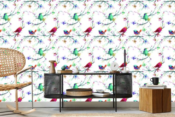 Behang Kleurrijke Vogels Op Een Gekleurde Achtergrond - Afbeelding 5