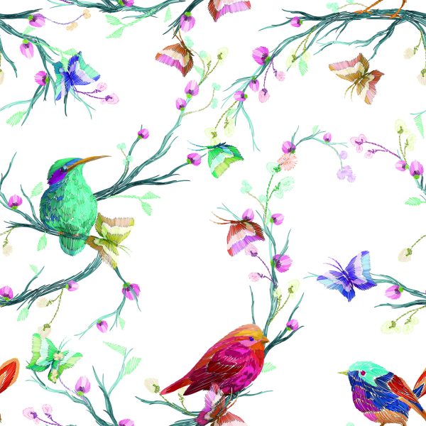Behang Kleurrijke Vogels Op Een Gekleurde Achtergrond - Afbeelding 2